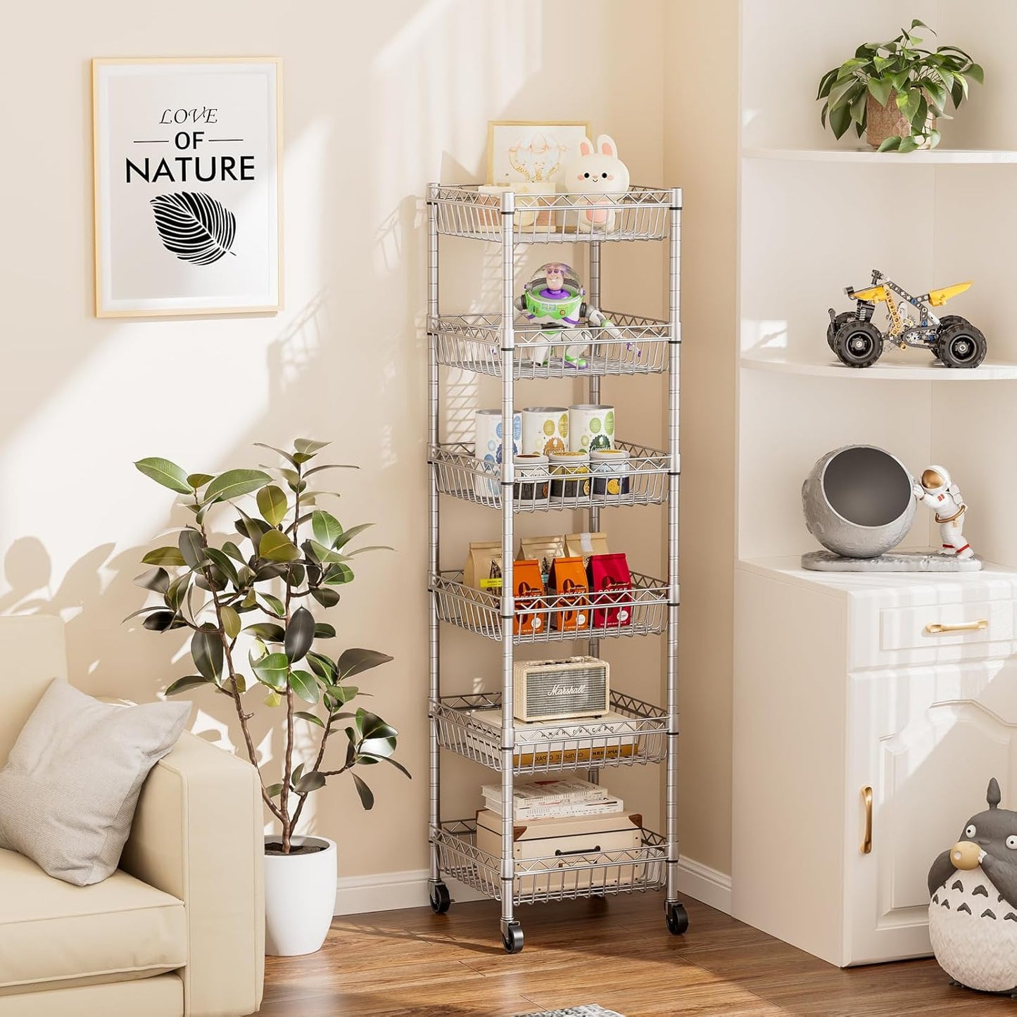 SINGAYE Shelf Storage Wire Shelving：Shelves Rack Standing Units with Wheels Closet Organizers Metal Pantry Kitchen Laundry Room Adjustable 13.5" D x 13.5" W x 63" H Silver