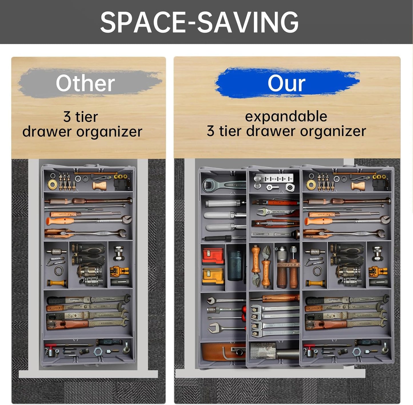 Smart Drawer Organizer Multi Level, Adjustable Folding Junk Drawer Organizer For Kitchen, Bathroom, Office, And Bedroom – Space-Saving Makeup Organizer (Grey)