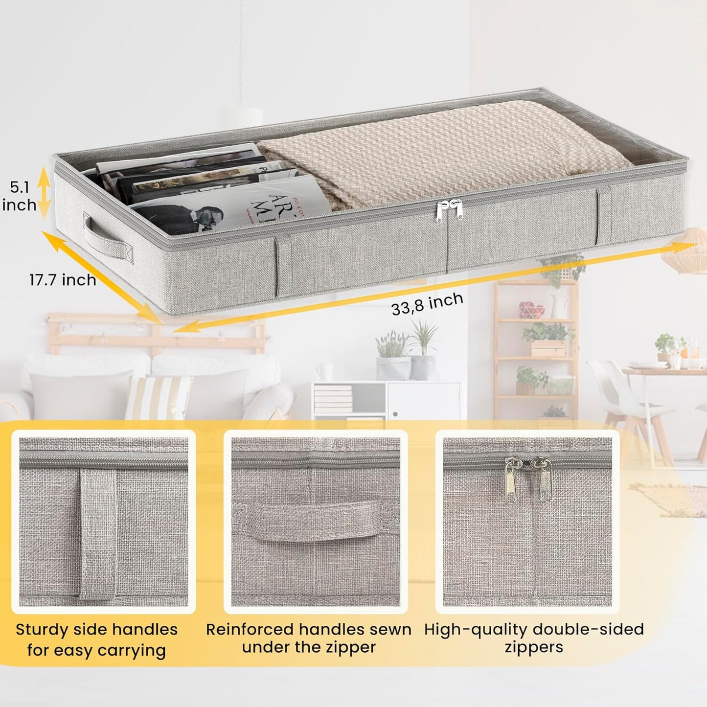 Light Gray & White Low Profile Under Bed Storage Containers 5 inches high, 33.8"x 17.7"x 5.1", Sturdy Underbed Shoe Storage Organizer, Foldable Fabric Under the Bed Storage Bins - Pack of 2