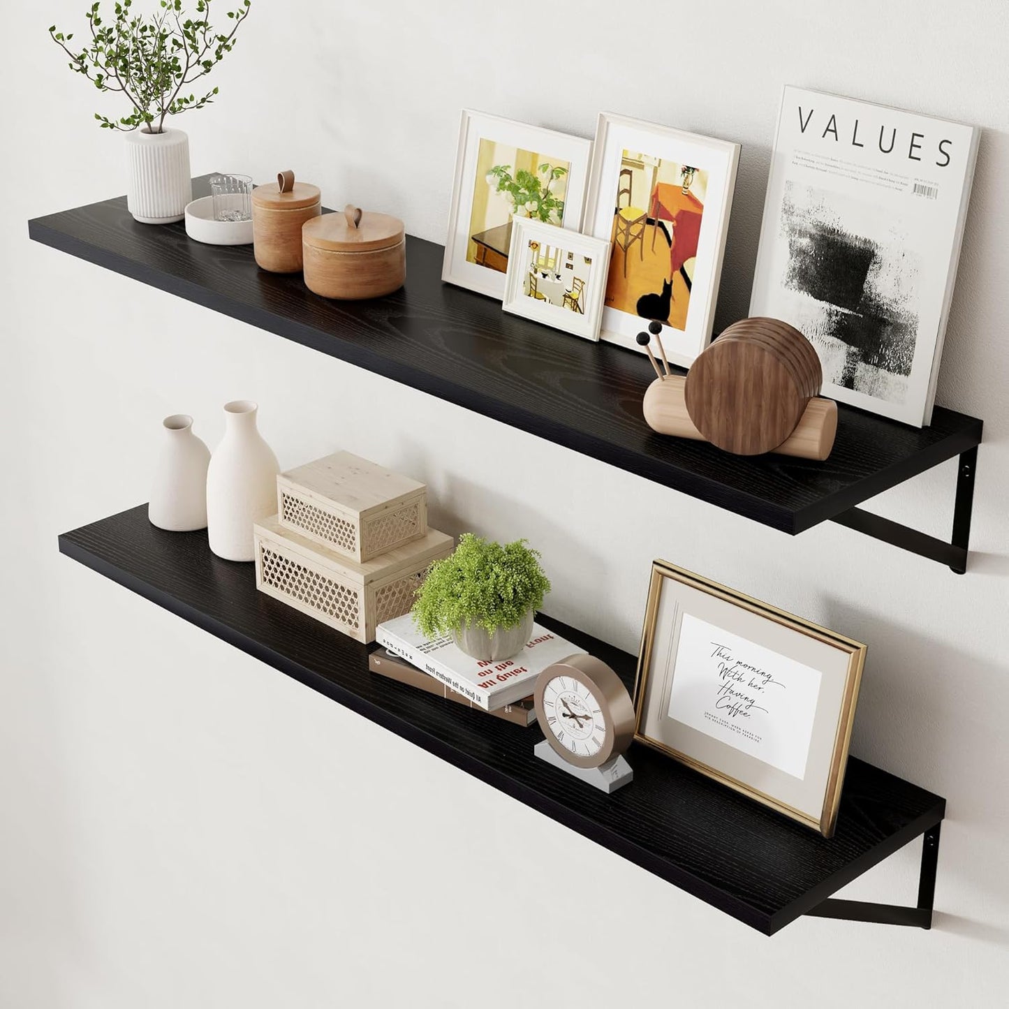 Axeman Floating Shelves for Wall Black- 48 Inch Wide x 12 Inch Deep Wall Shelves Set of 2 - Black Deep Wood Floating Shelves for Living Room Bedroom Laundry Room