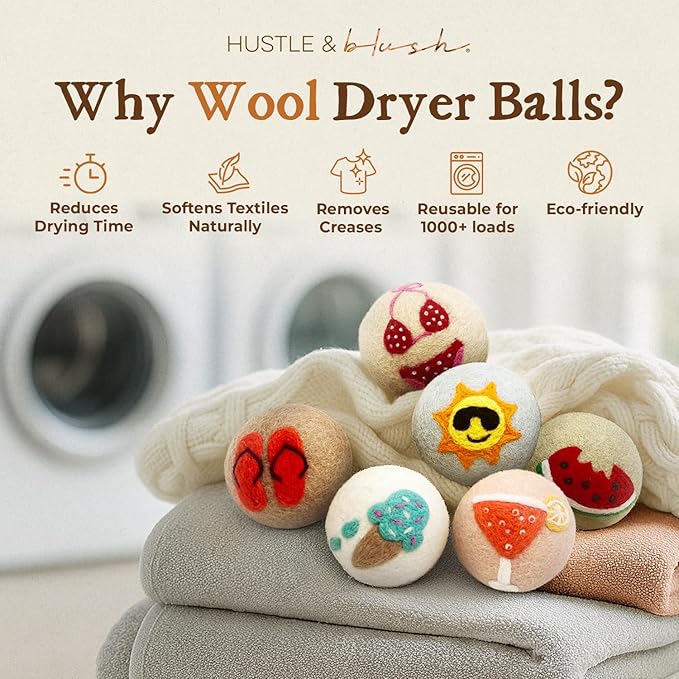 Fluff Ewes Wool Dryer Balls 6 Pack Premium New Zealand Wool Laundry Balls for Dryer, No Static Dryer Balls Laundry Reusable, XL Wool Dryer Balls Cute, Baby Dryer Balls for Dryers - Fun in The Sun