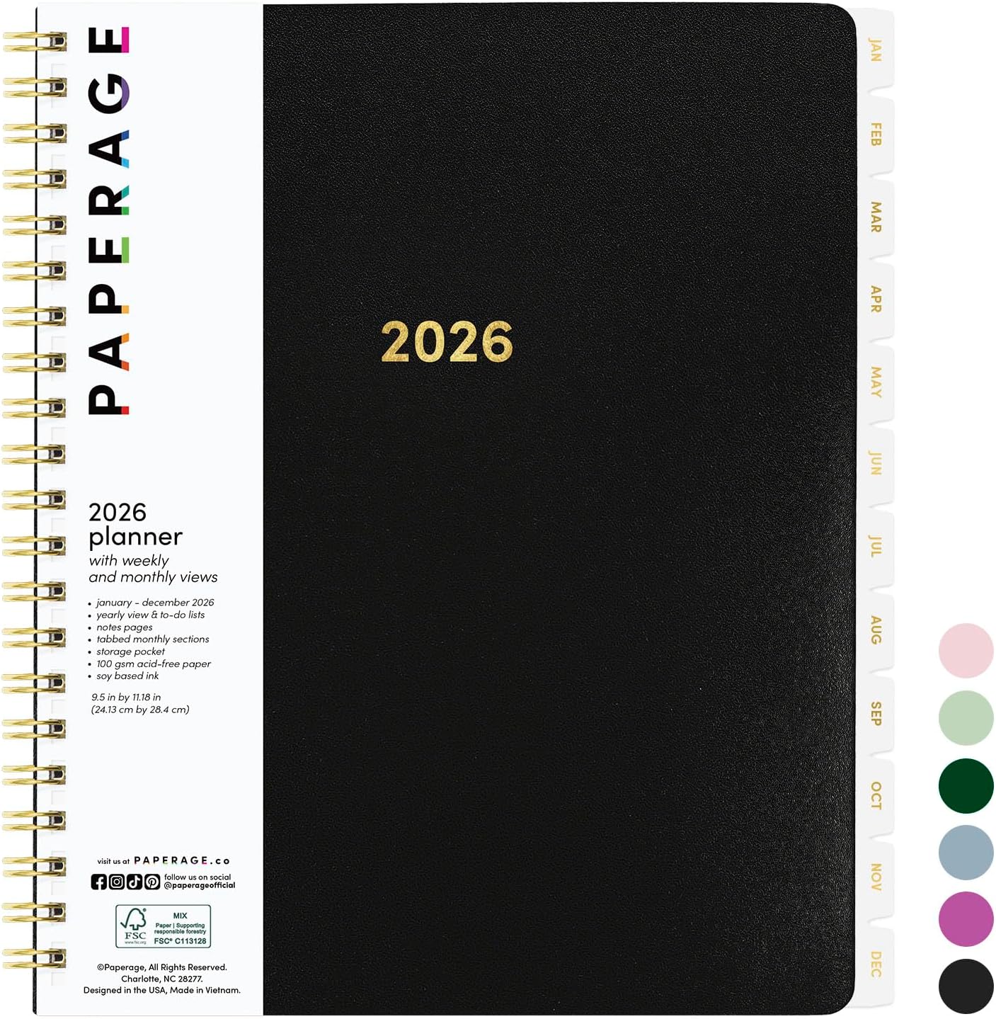 PAPERAGE 2026 Weekly & Monthly Planner, 12 Months (January 2026 - December 2026), 9.2 in x 11.2 in, Spiral Bound 2026 Planner with Weekly, Monthly & Yearly Views, Note Pages & Inner Pocket – Black