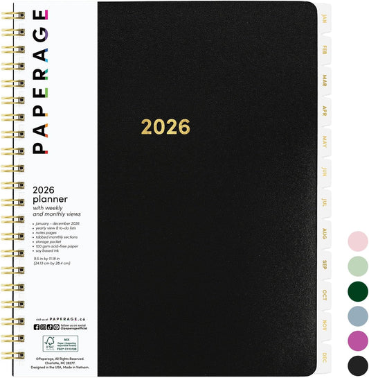 PAPERAGE 2026 Weekly & Monthly Planner, 12 Months (January 2026 - December 2026), 9.2 in x 11.2 in, Spiral Bound 2026 Planner with Weekly, Monthly & Yearly Views, Note Pages & Inner Pocket – Black