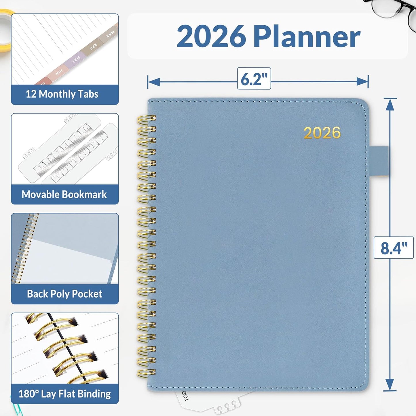 SUNEE 2026 Weekly & Monthly Planner 6.4"x8.5"- 12 Month (January 2026 - December 2026), Vegan Leather Cover, Pocket, Bookmark, Notes, Monthly Tab, Gray Blue