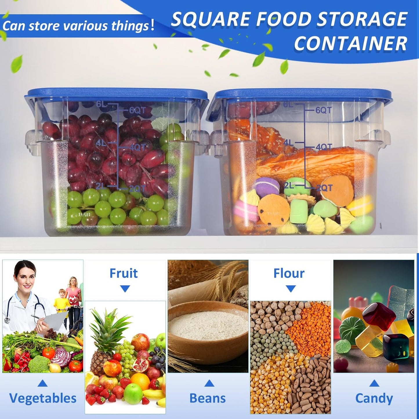 Yungyan 12 Pcs 4 Qt Commercial Food Storage Containers with Lids Restaurant Square Airtight Food Storage Containers Clear Cereal Containers for Kitchen Freezer Dishwasher Pantry(Blue Lid)