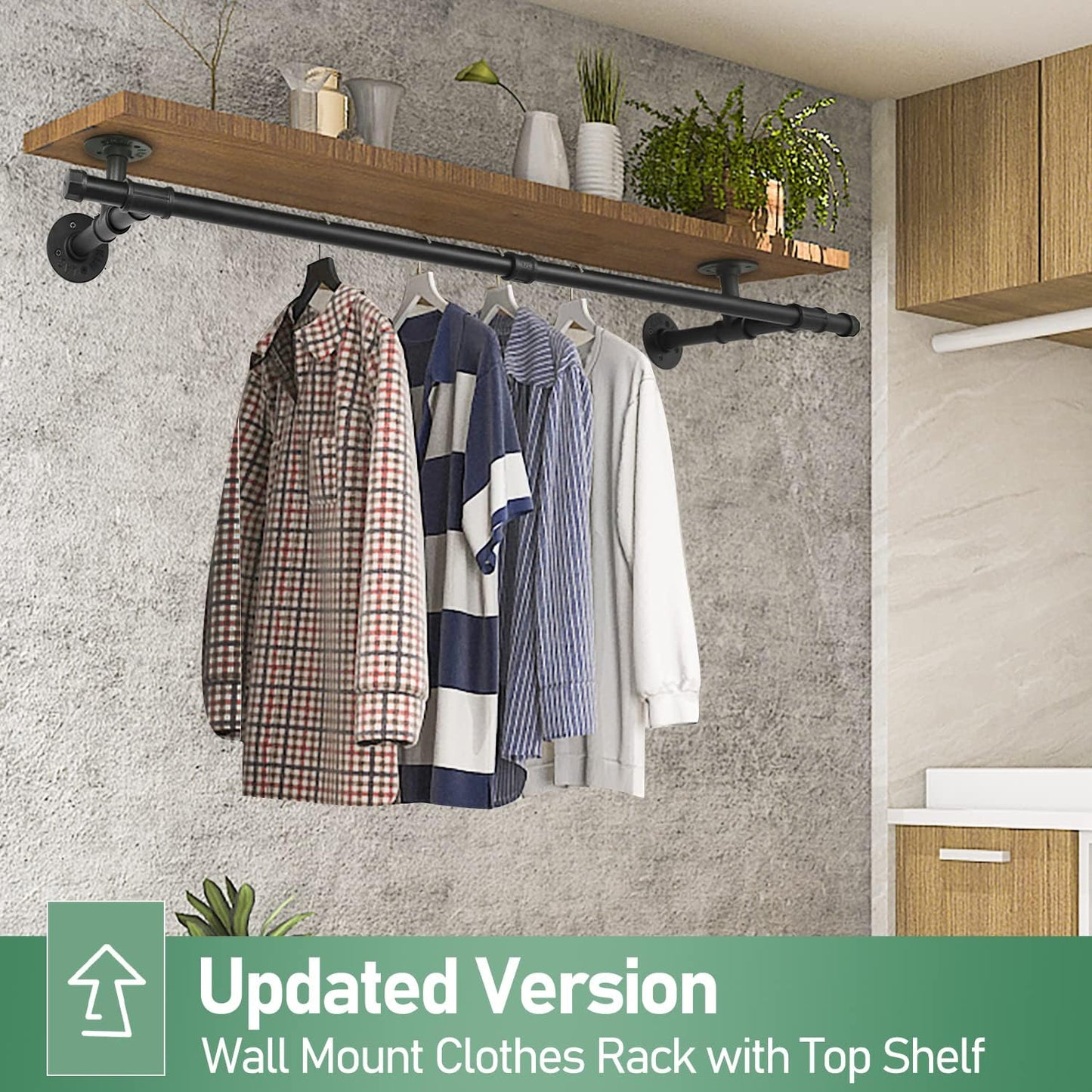 48'' Wall Mounted Clothes Rack Iron Industrial Pipe Clothes Rod with Top Shelf Pipe Rack (Wood Plank Not Included)
