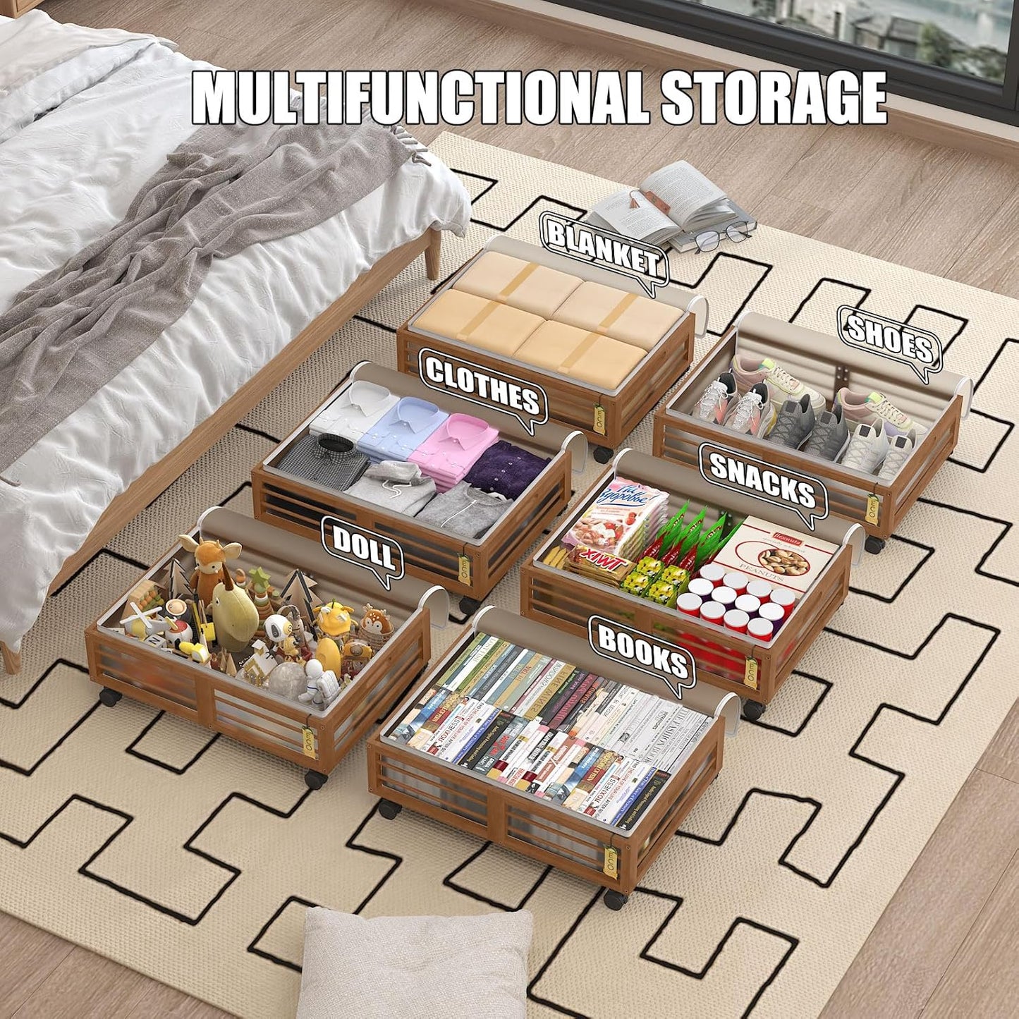 Under Bed Storage Containers with Wheels, Larger Bamboo Wood Under Furniture Storage Containers with Dust Bags，Rolling for Shoes Clothes