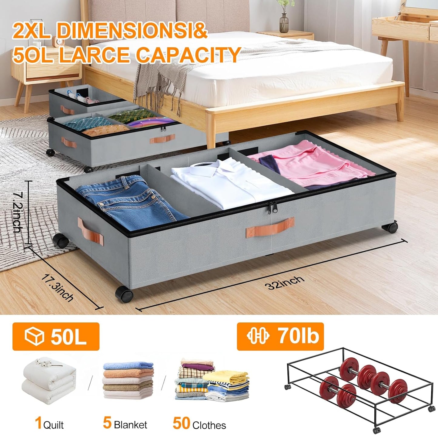 Under Bed Storage with Wheels, 1 Pack Under Bed Storage Container with Dividers & Clear Lids, Under the bed storage Organizer Bins,Underbed Storage with Wheels for Clothes,Toys,Shoes (GREY, 1 Pack)