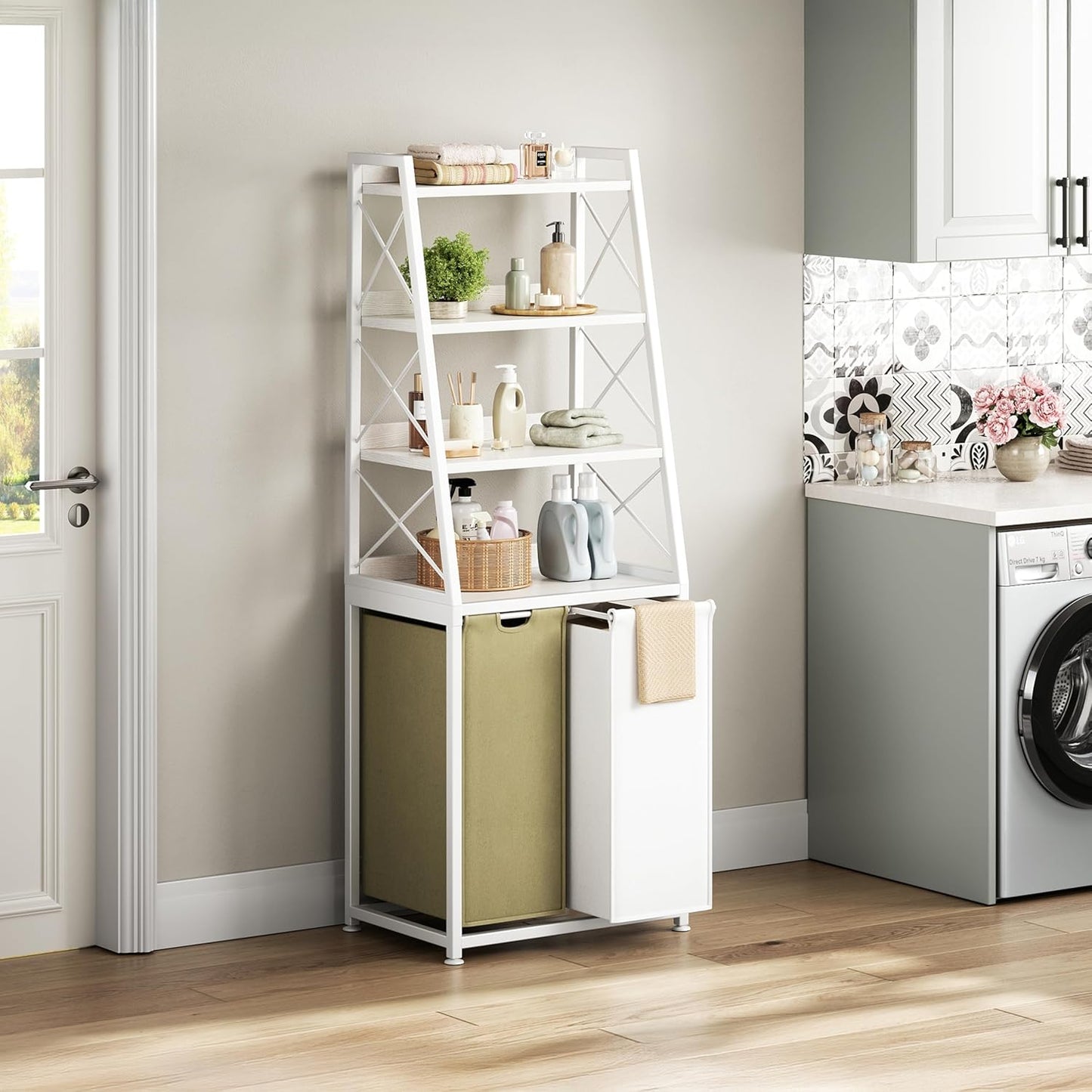 Laundry Basket, 2 Section Laundry Hamper with 4 Tiers Shelf, Pull-Out and Removable Laundry Bags, Large 2 x 15.87 Gallons, for Bedroom Bathroom White PF11XLE