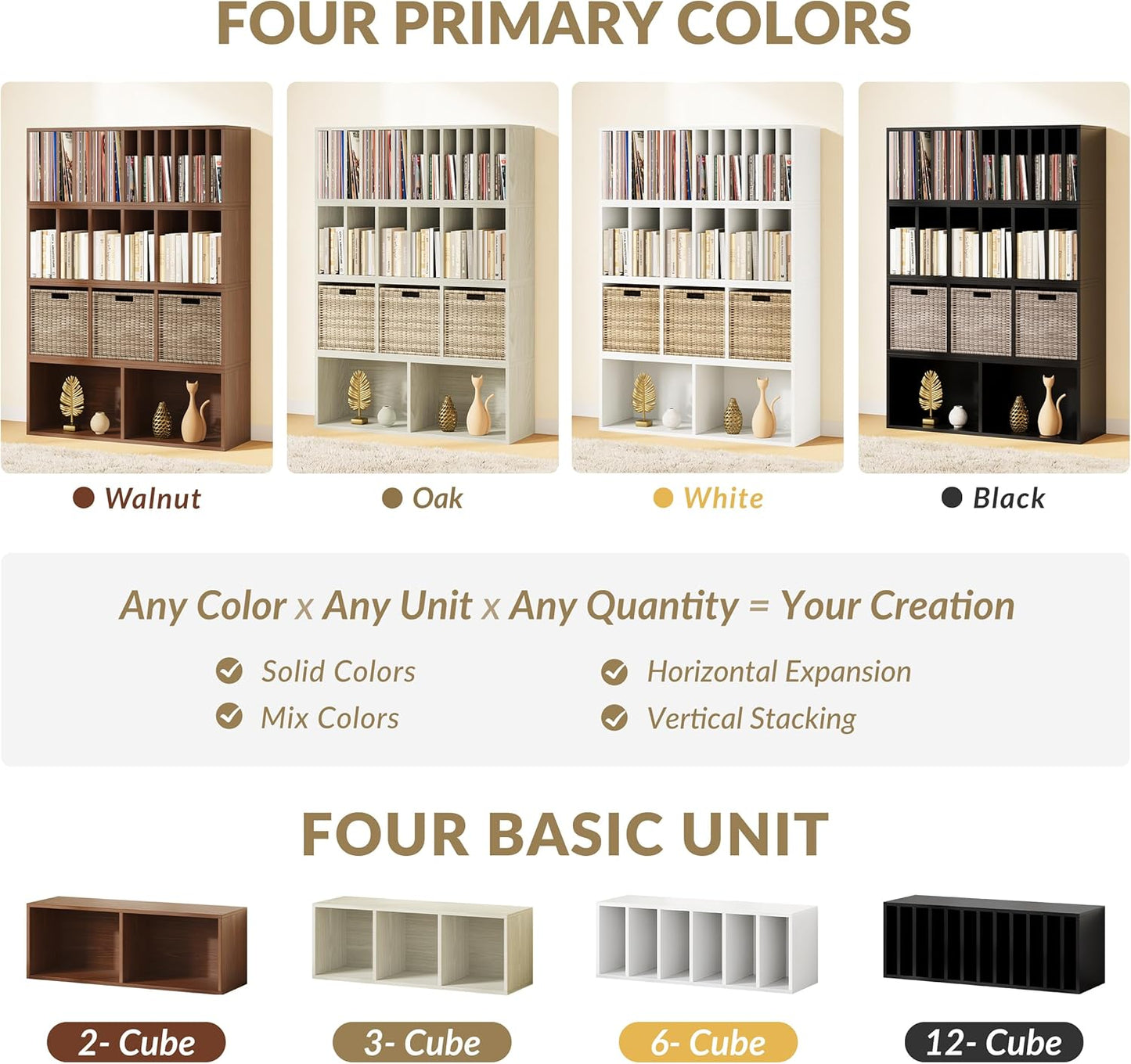 IOTXY DIY Modular Cube Bookcase - CubeXY Customizable Stackable Expandable Combination Set, 23-Cube Open Bookshelf for Books, Fabric Storage Bin, and Vinyl Record Organizer, Oak