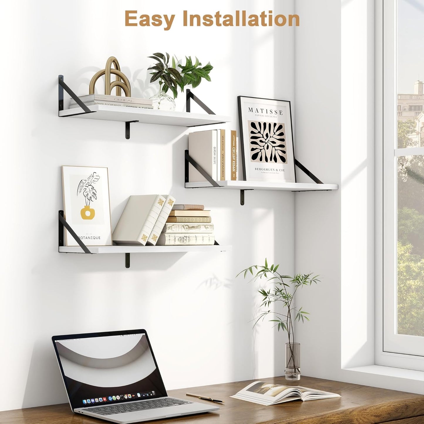 Fun Memories Floating Bookshelves, Set of 3 Wall-Mounted Wood Shelves 24" W x 8" D, Decorative Wall Shelf for Living Room, Bedroom, Bathroom, and Laundry Room (White)