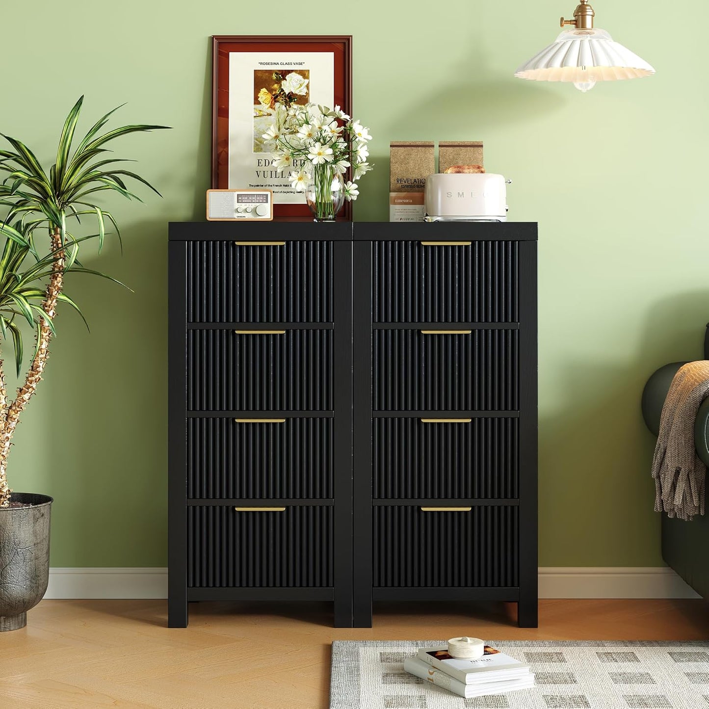 Tall Mid-Century Dresser with 4 Large Drawers, Black Wood Storage Cabinet with Metal Handles for Entryway, Bedroom, or Office