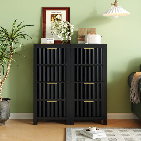 Mid-Century Modern Tall Wooden Dresser with 8 Spacious Drawers, Entryway Storage Chest with Smooth Metal Handles, Bedroom Clothes Organizer for Entryway, Office, and Small Spaces, Black X2