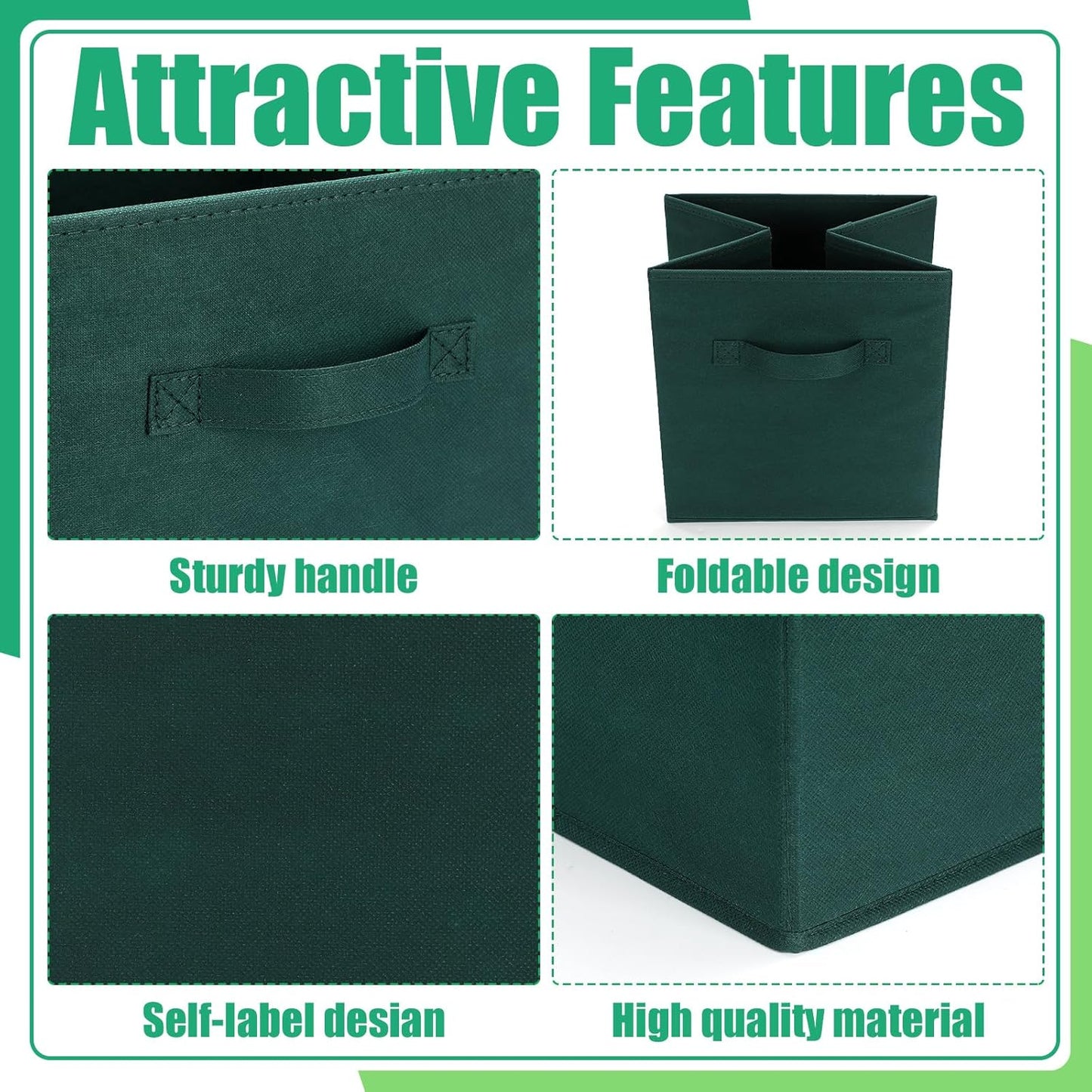 Karenhi 11" x 10. 5" x 10. 5" Green Storage Cube, 6 Pack Fabric Cube Storage Bins Organizer Box, Collapsible Baskets with Handles Foldable Shelf for Cloth Toys Home Room Closet, Pack of 6