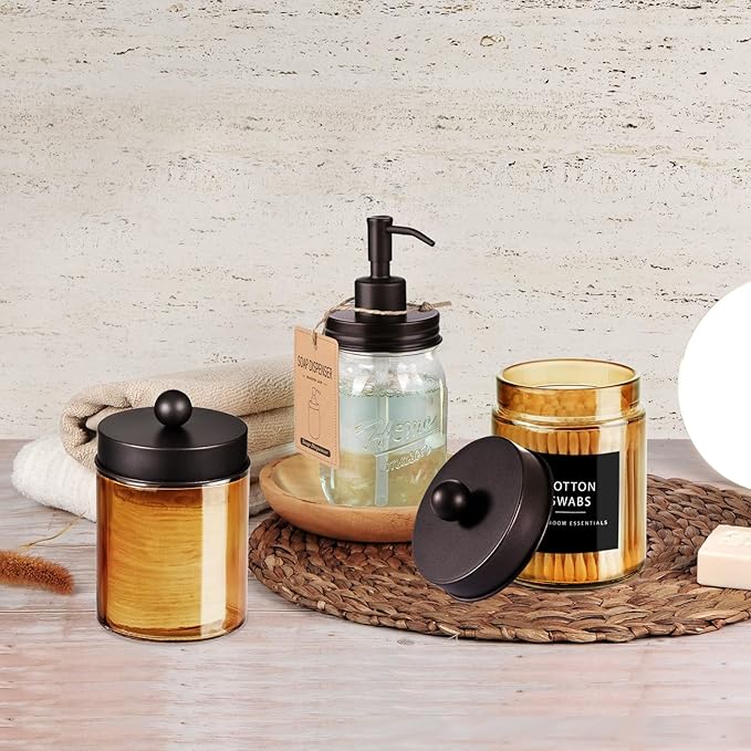 Amolliar Bronze Glass Apothecary Jar With Metal Lid & Stickers, Bathroom Qtip Holder Dispenser Storage Canister, Perfect for Cotton Balls, Cotton Swabs, Makeup Pads, Bath Salt, Floss, 2 Pack (Bronze)