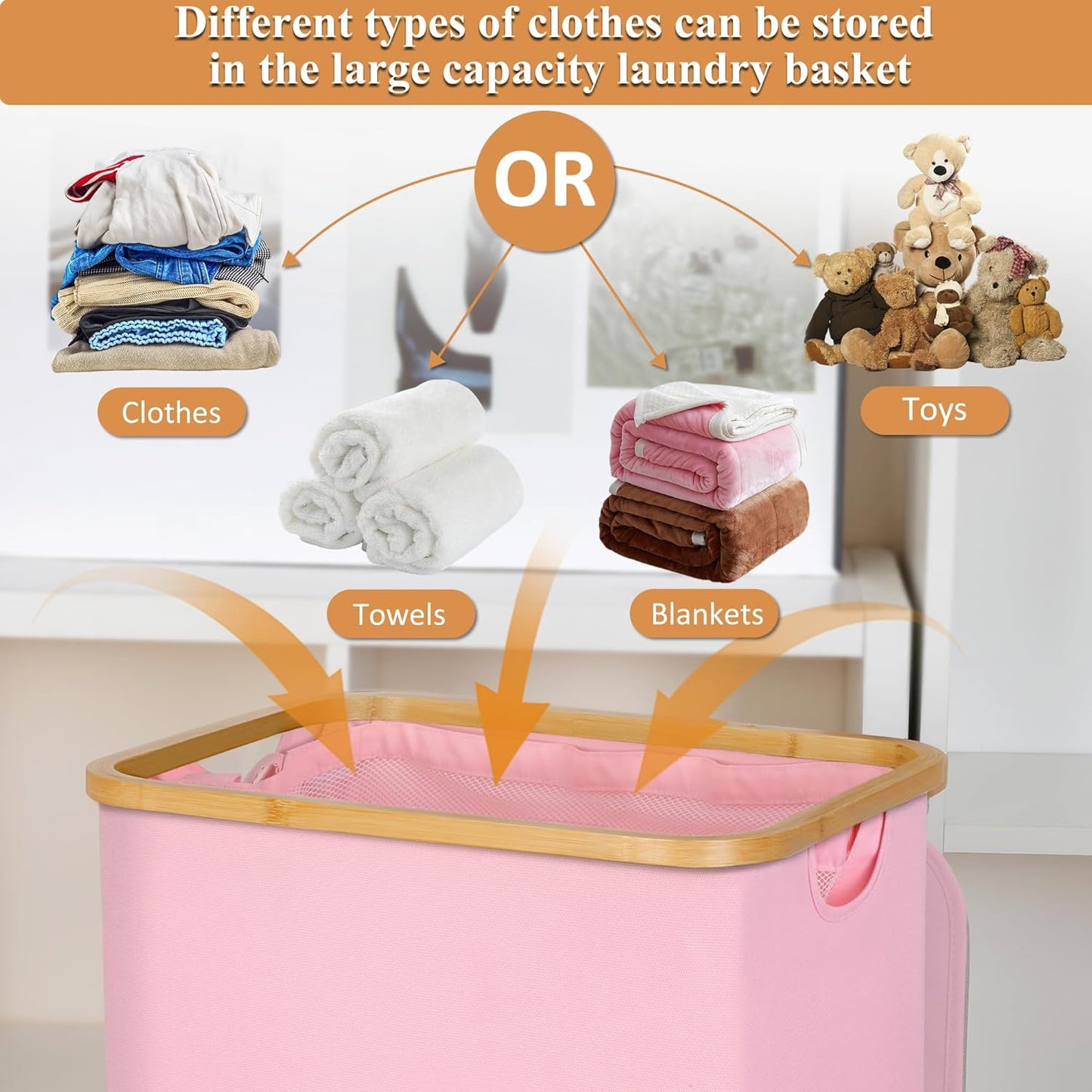 Laundry Basket with Wheels, 110L Clothes Hamper for Laundry, Laundry Hamper with Lid and Inner Bag, for Laundry Room, Bedroom, Dormitory Storage,Pink