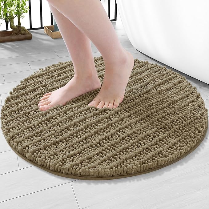 Arotive Luxury Round Chenille Bathroom Rug Mat, Extra Soft Thick Absorbent Shaggy Bath Rugs, Non-Slip Machine Wash Dry Plush Bath Mats for Bathroom, Shower and Tub, 24x24, Camel