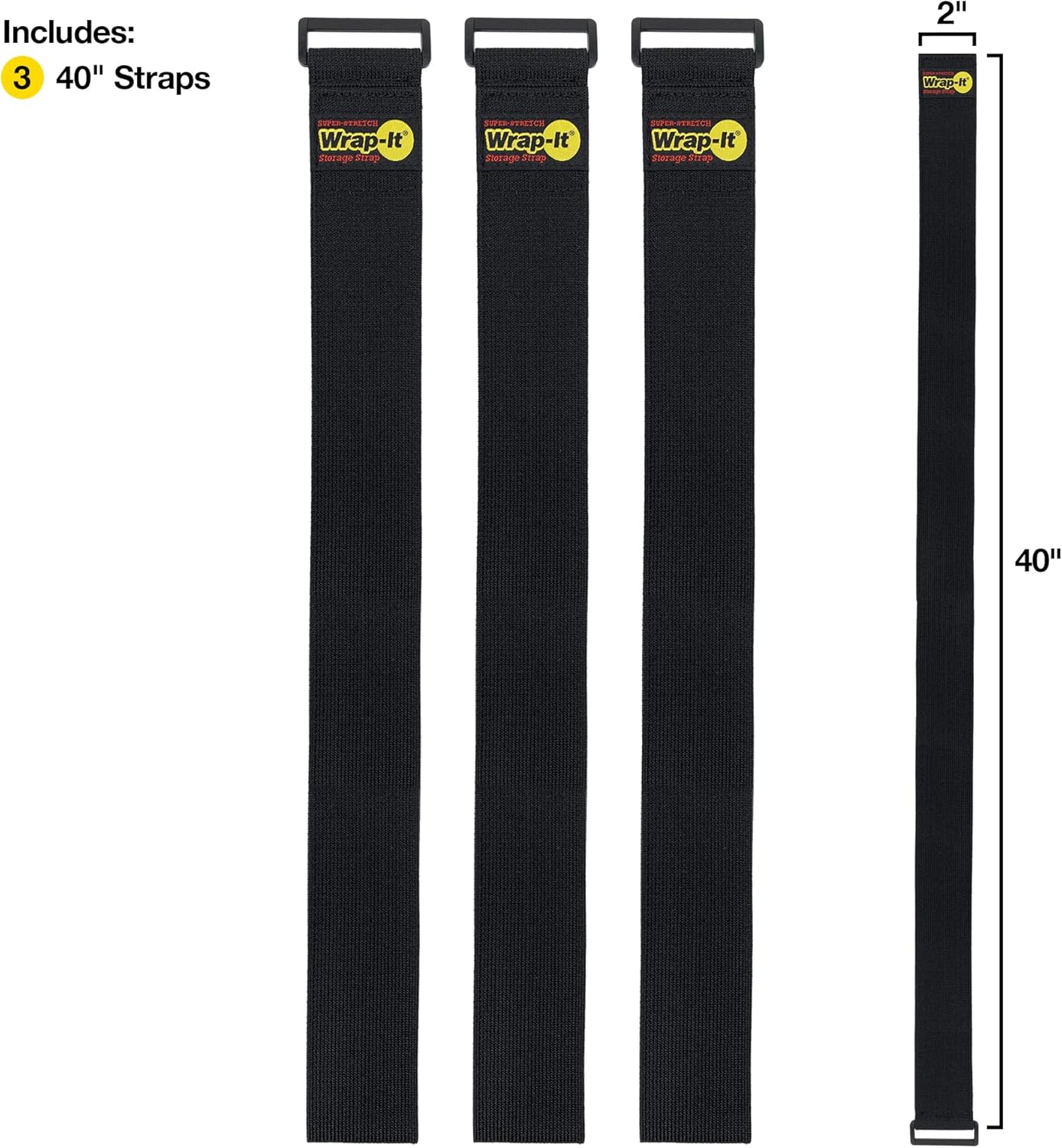 Super-Stretch Wrap-It Storage Straps, 40-in x 2-in (3-Pack) - Elastic Hook and Loop Cinch Straps - Pool Hose and Cable Straps, Garage and RV Storage Accessories