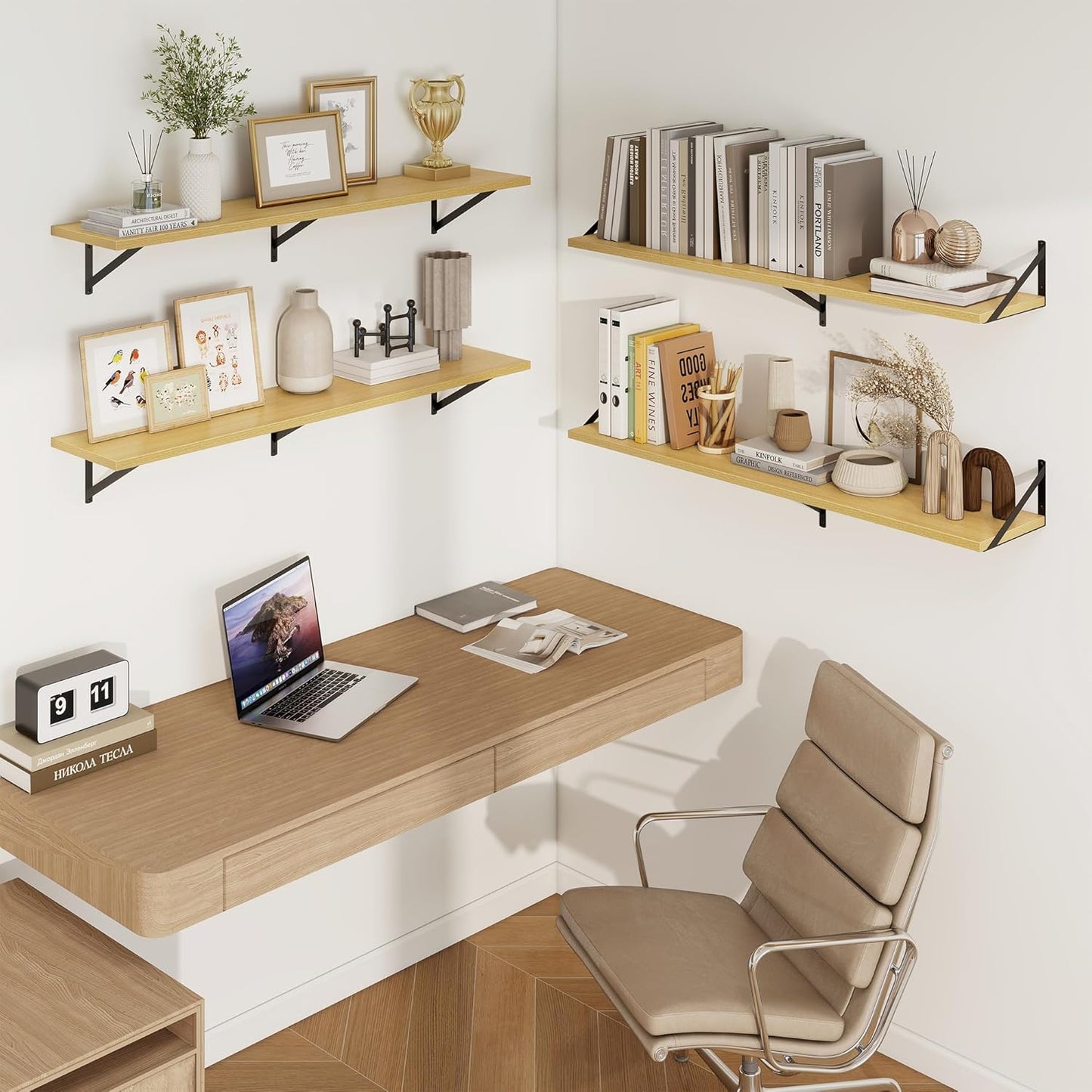 Axeman Deep Floating Shelves for Wall - 55 Inch Wide x 10 Inch Deep Oak Floating Shelves Set of 2 - Wide Wall Shelves for Living Room Bathroom Bedroom