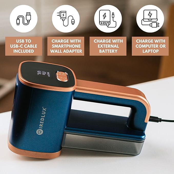 Electric Lint Remover - Rechargeable Fabric Shaver for Clothes & Couch - Adjustable 3-Speed, 6-Leaf Blade, LED Light, USB Charging - Depiller with Dual Protection (Cobalt Blue/Copper)