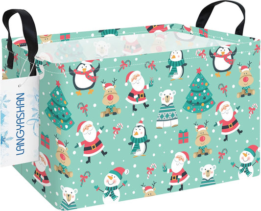 LANGYASHAN Rectangular Christmas Santa Claus Storage Basket with Handles for Organizing Home Kitchen Boys and Girls Toys Office Closet Shelf Baskets (Rec Penguin Santa Claus)