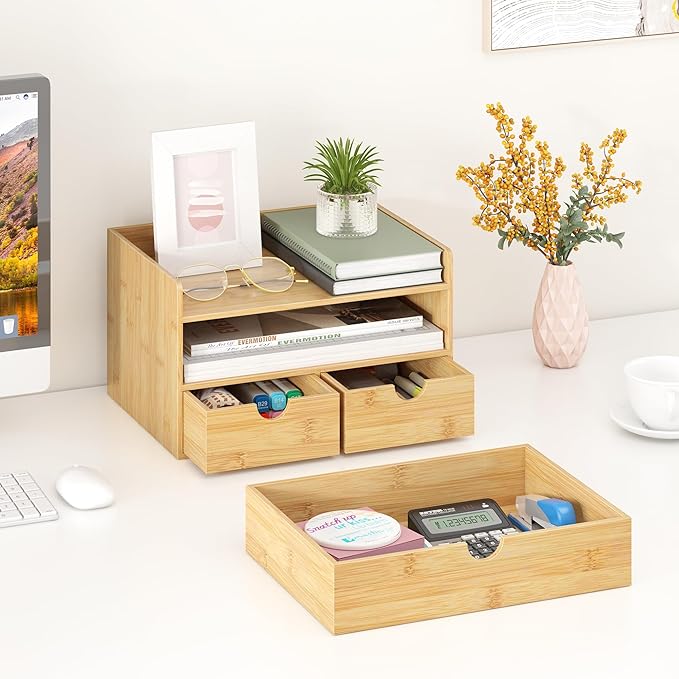 Wisuce Bamboo Desk Organizer - Mini Bamboo Desk Drawer Tabletop Cosmetic Storage Organization for Office or Home (Nature 3 Drawers)