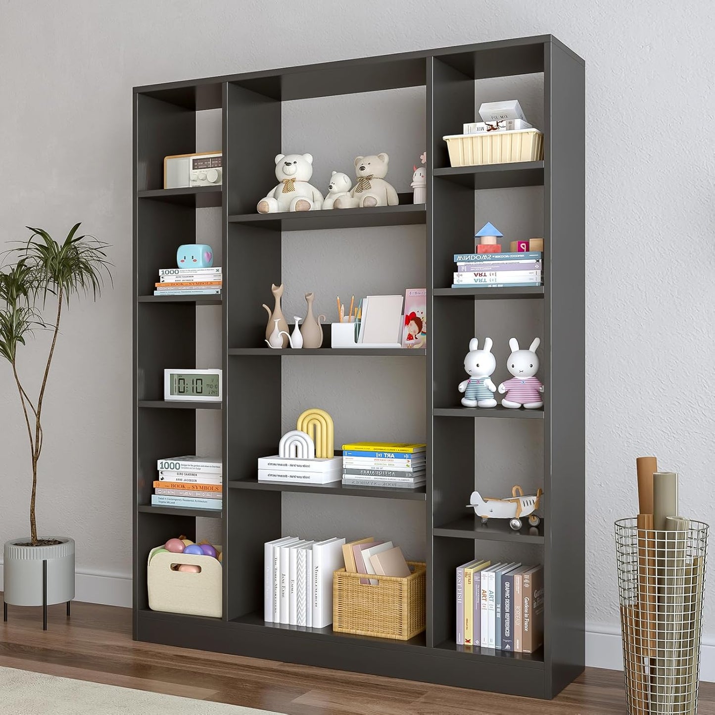 Cube Storage Bookcase with Base - Large Wooden Bookshelf with 10 Open Cubes and 4 Shelves for Home and Office, Freestanding Organizer, Black