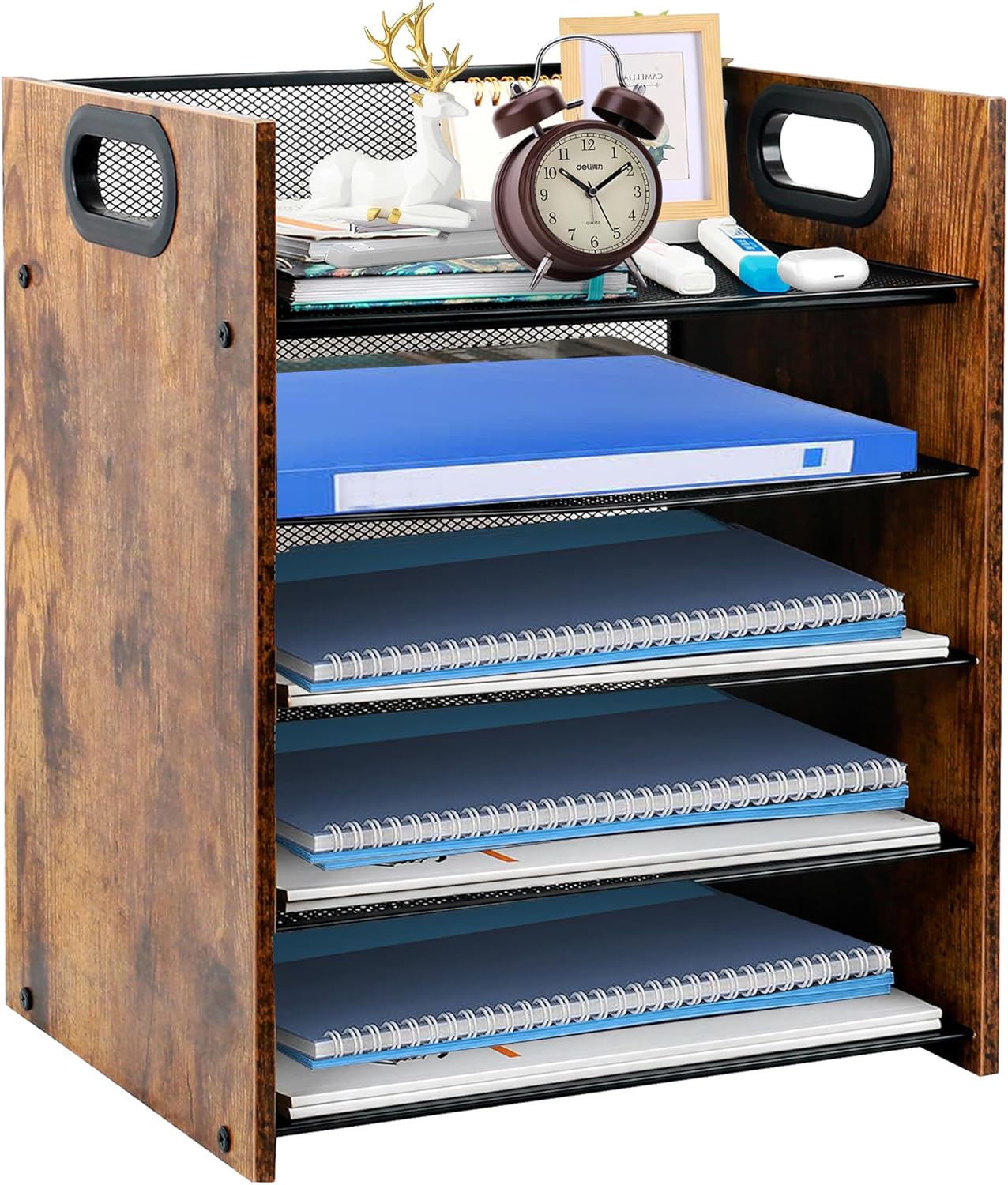 Wood Desk Organizer - 5-Tier Desktop File Organizer, Wooden Paper Tray, Office Desk Organzier and Accessories for Papers, Mail, Notebooks, Stationery