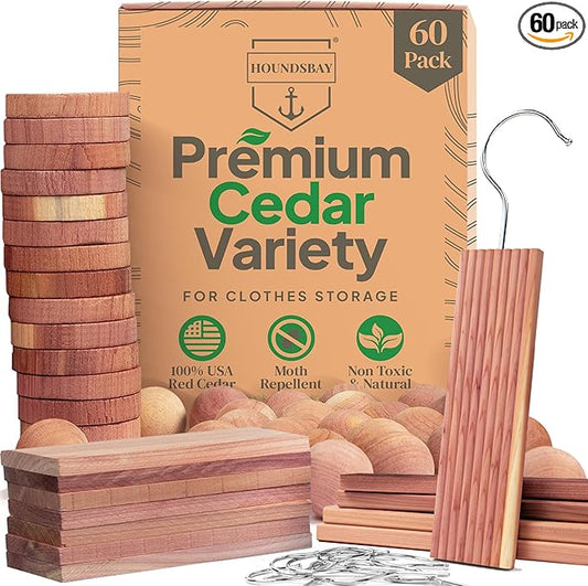 60 Variety Pack - Cedar for Closets - Moth Balls Alternative for Clothes Storage - Fabric Protection Hang-Ups - Natural Hanger Rings - Freshner for Clothes Storage