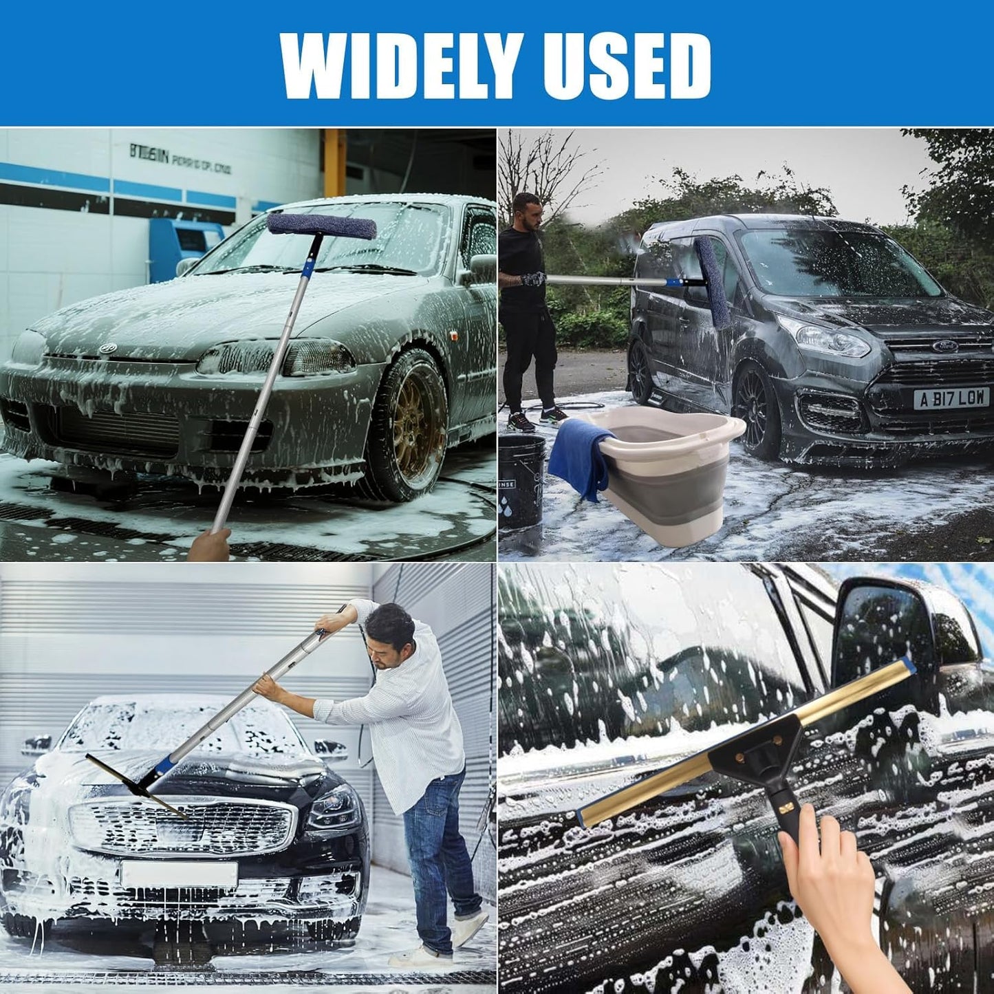 ﻿Pro Window Cleaning Kit with Storage Bucket, with 4 13 inch Extension Rods, Scrubber, Spray Bottle, Rag and Scraper with Rotating Head - Car/Home Glass Cleaning System