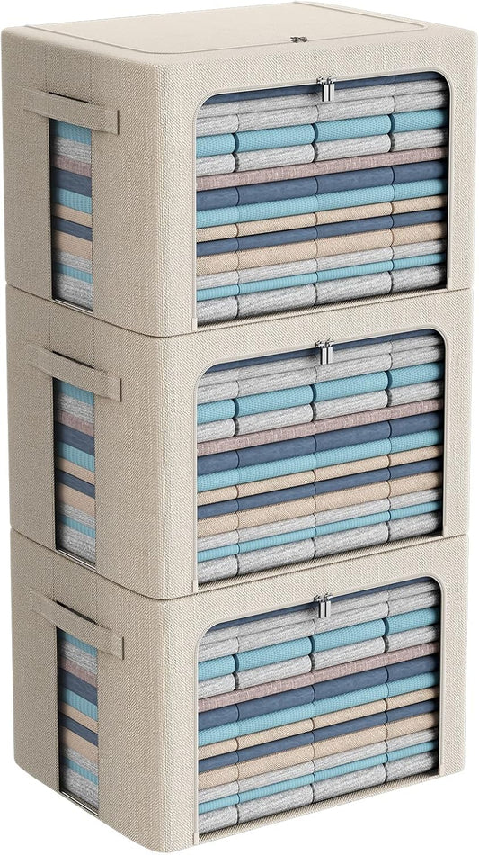 3Pack Foldable Storage Bins - Frame Storage Box Linen Fabric Stackable Clothes Container Organizer with Clear Window & Carry Handles Large Capacity (Extra Large-100L, Beige)