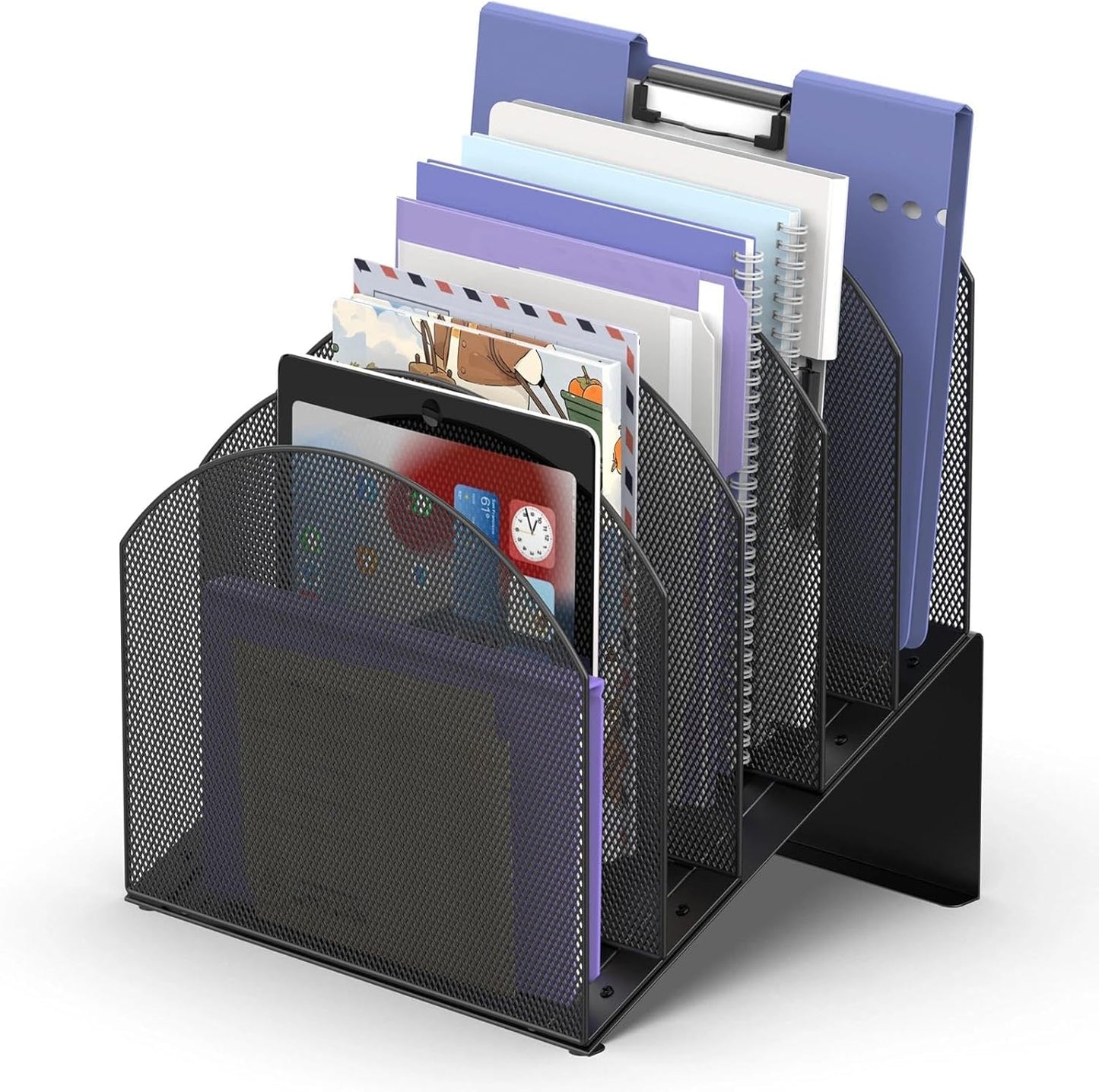 5-Tier Desk File Organizer, Vertical File Folder Organizer. Metal Mesh Mail Rack, Document & Record Holder and Storage for Home Office School, Black