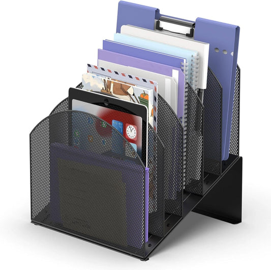 5-Tier Desk File Organizer, Vertical File Folder Organizer. Metal Mesh Mail Rack, Document & Record Holder and Storage for Home Office School, Black