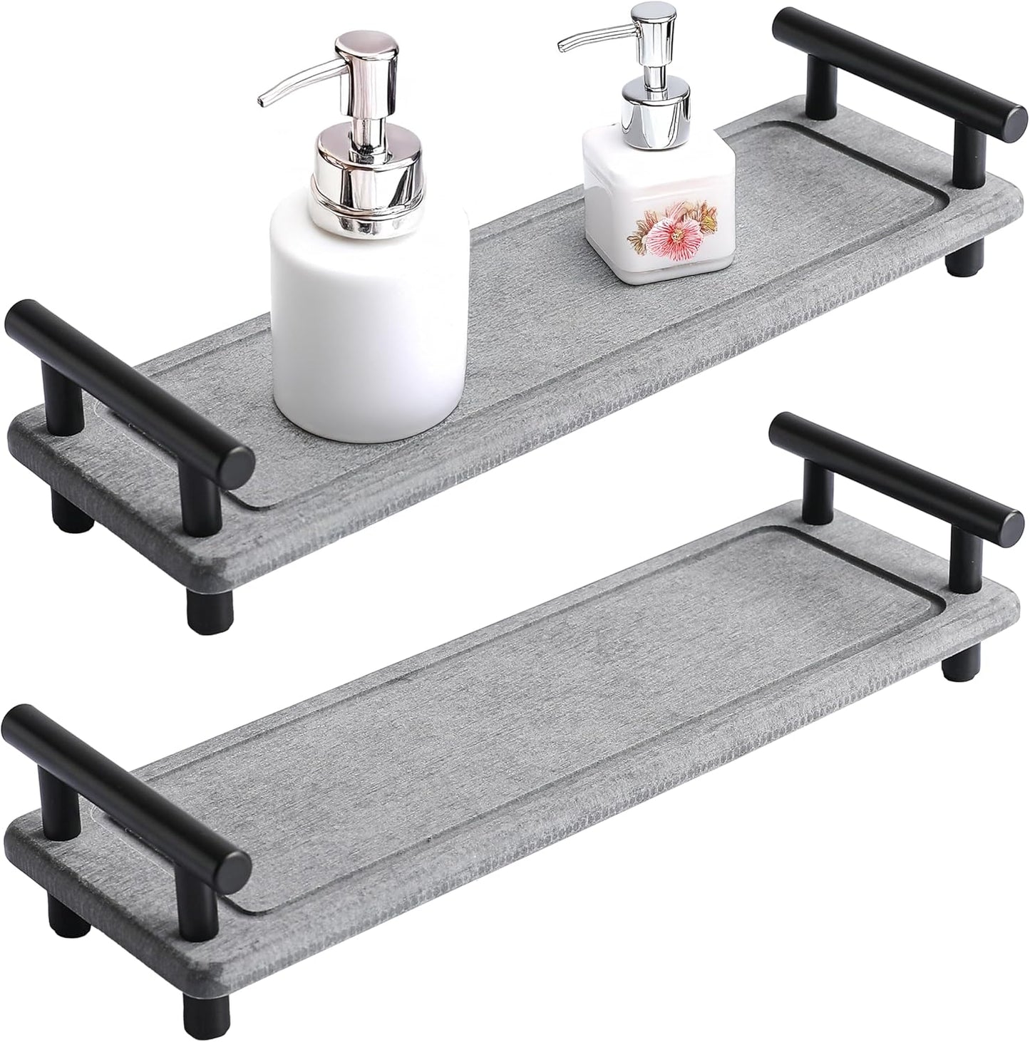 2PCS Water Absorbing Stone Tray, Instant Dry Sink Caddy, Stone Drying Tray with Black Handle, Deco for Bathroom Sink, Bathroom Small Caddy (Dark Grey & Black Handle, Small)
