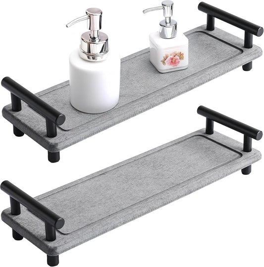 2PCS Water Absorbing Stone Tray, Instant Dry Sink Caddy, Stone Drying Tray with Black Handle, Deco for Bathroom Sink, Bathroom Small Caddy (Dark Grey & Black Handle, Small)