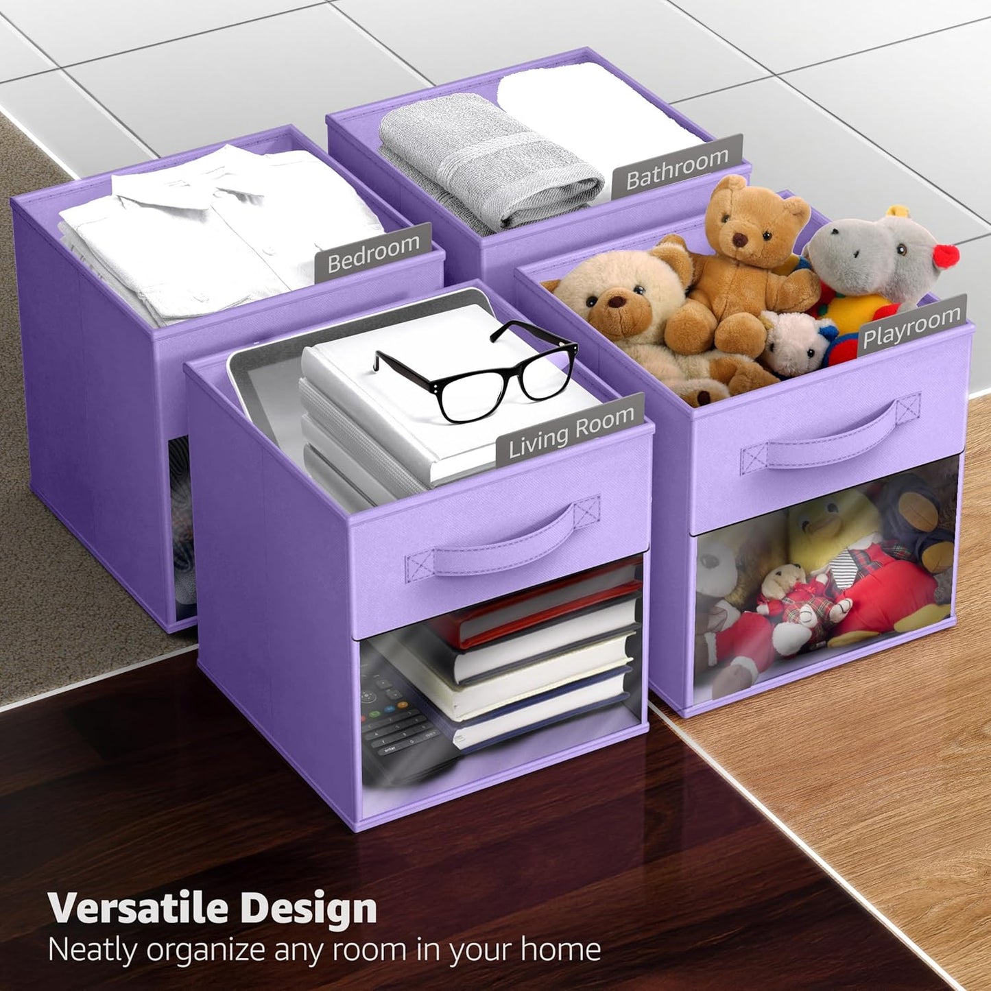 Sorbus 11 Inch Storage Bins with Clear Window - 6 Foldable Baskets for Organizing Clothes, Toys, Books - Sturdy Collapsible Fabric Storage Cubes with Handle - Storage Baskets for Shelves, Closets