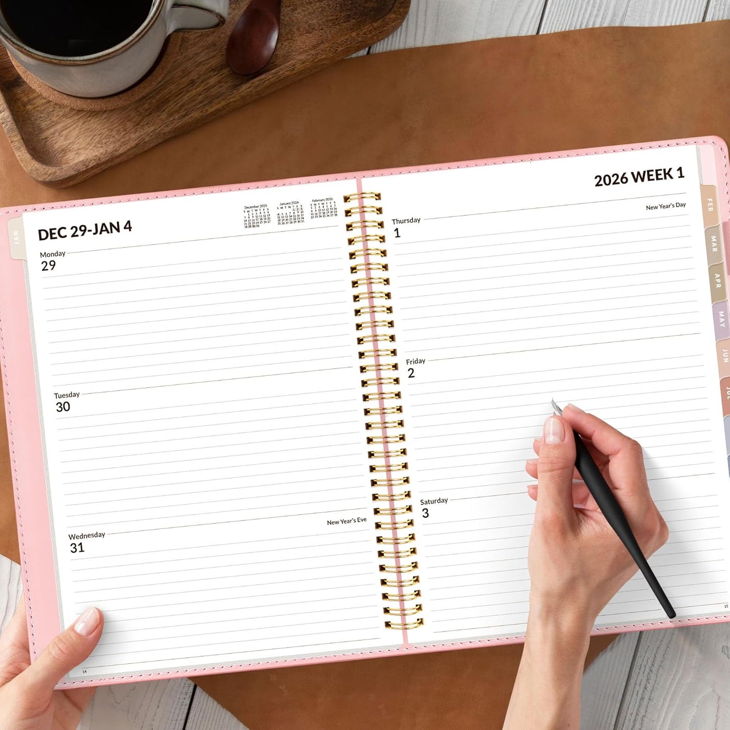 SUNEE 2026 Weekly & Monthly Planner 9"x11.2"- 12 Month (January 2026 - December 2026), Vegan Leather Cover, Pocket, Bookmark, Notes, Monthly Tab, Peach Pink