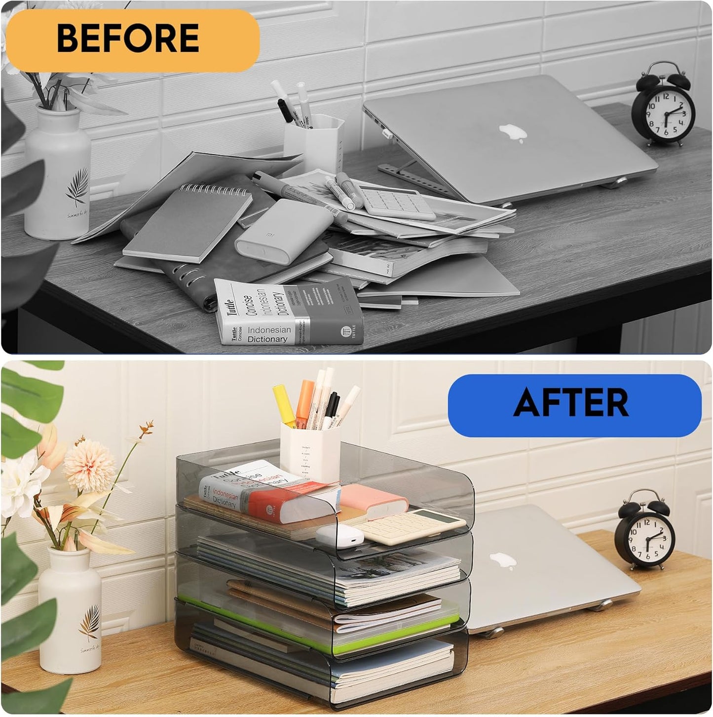 Set of 4 Office Organization and Storage, PET Letter Tray Desk Organizer, Stackable Document Organizer and File Paper Organizer for Office Supplies, Black