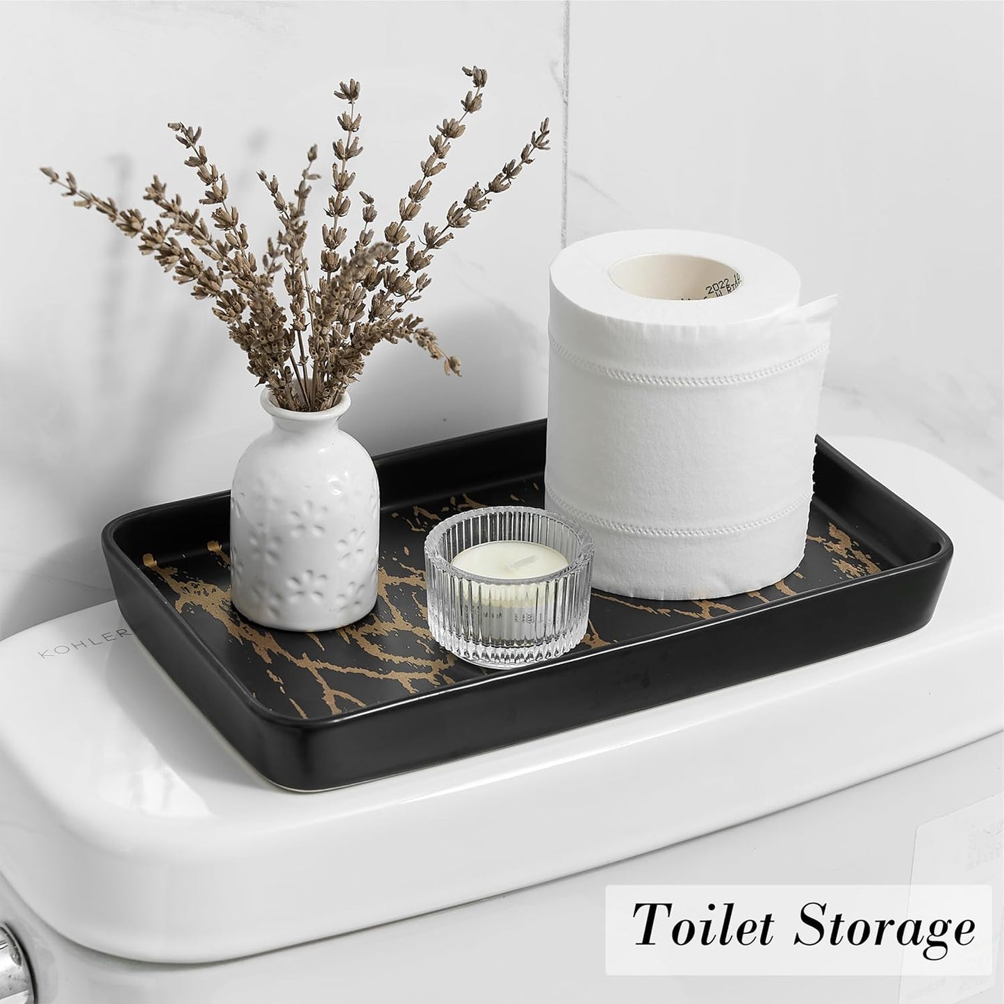 Bathroom Vanity Tray for Countertop,2PC Rectangle Marble Tray Set,Decorative Bathroom Organizer for Scrubber, Lotion Bottles, Perfume, Jewelry, Candle, Key Trinket Ring（Large,Black）