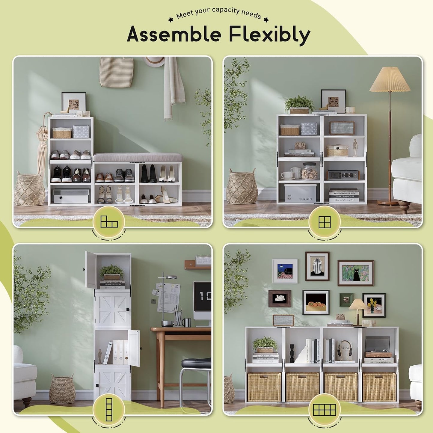 2-Tier Stackable Cube Storage Organizer, DIY Cube Storage Bookcase with Doors & Anti-Tip Design, Book Shelf for Bedroom, Office, Dorm,15" W x 11.81" D x 30" H, White