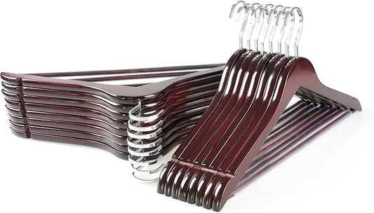 TOPIA HANGER Luxury Wooden Suit Hangers for Closet - Cherry Wood With Extra Thick Hook and Non-Slip Pants Bar, Heavy Duty Coat Hangers With Notches for Shirts - 16 Pack CT01M