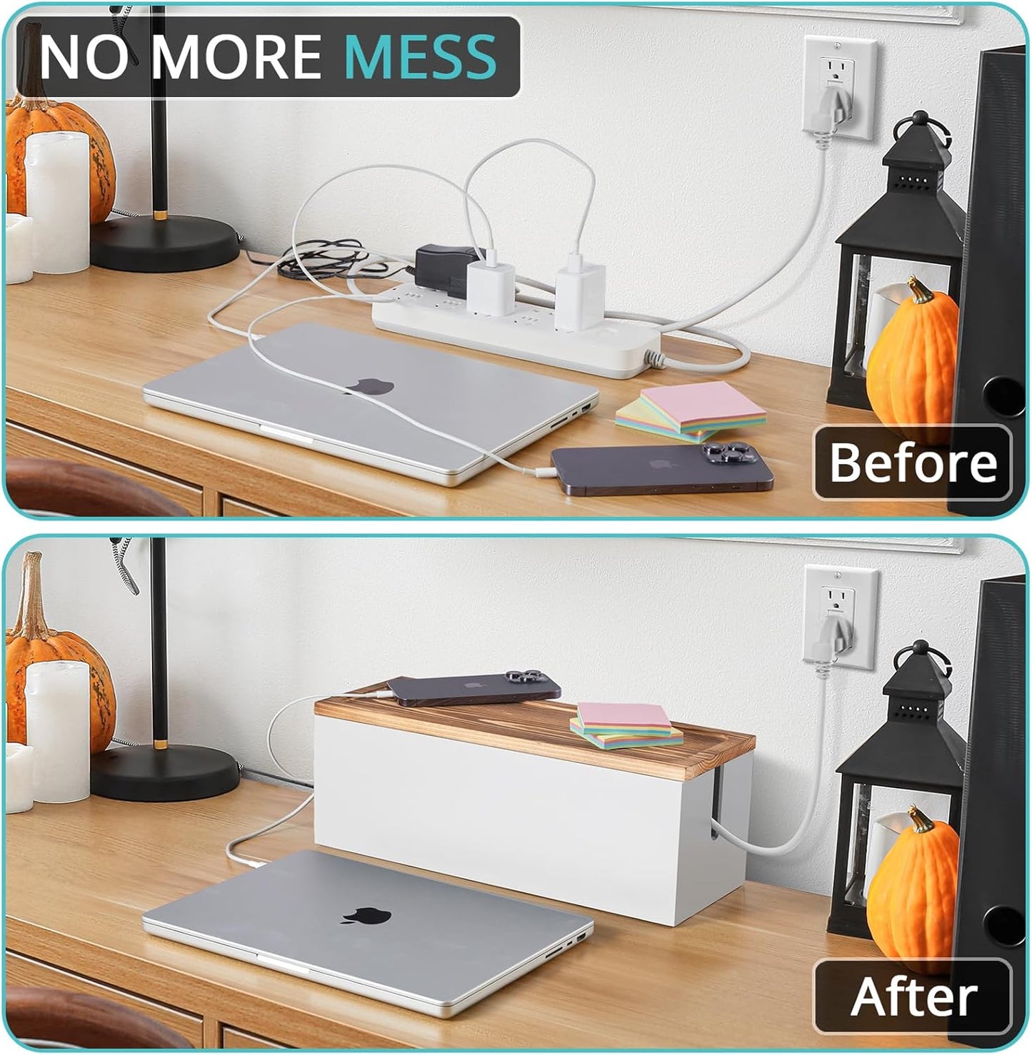 Bivvclaz Large Cable Management Box, Wooden Cord Organizer Box for Desk, Floor, Office to Hide Extension Cords Power Stripes Surge Protectors Chargers Wires, White