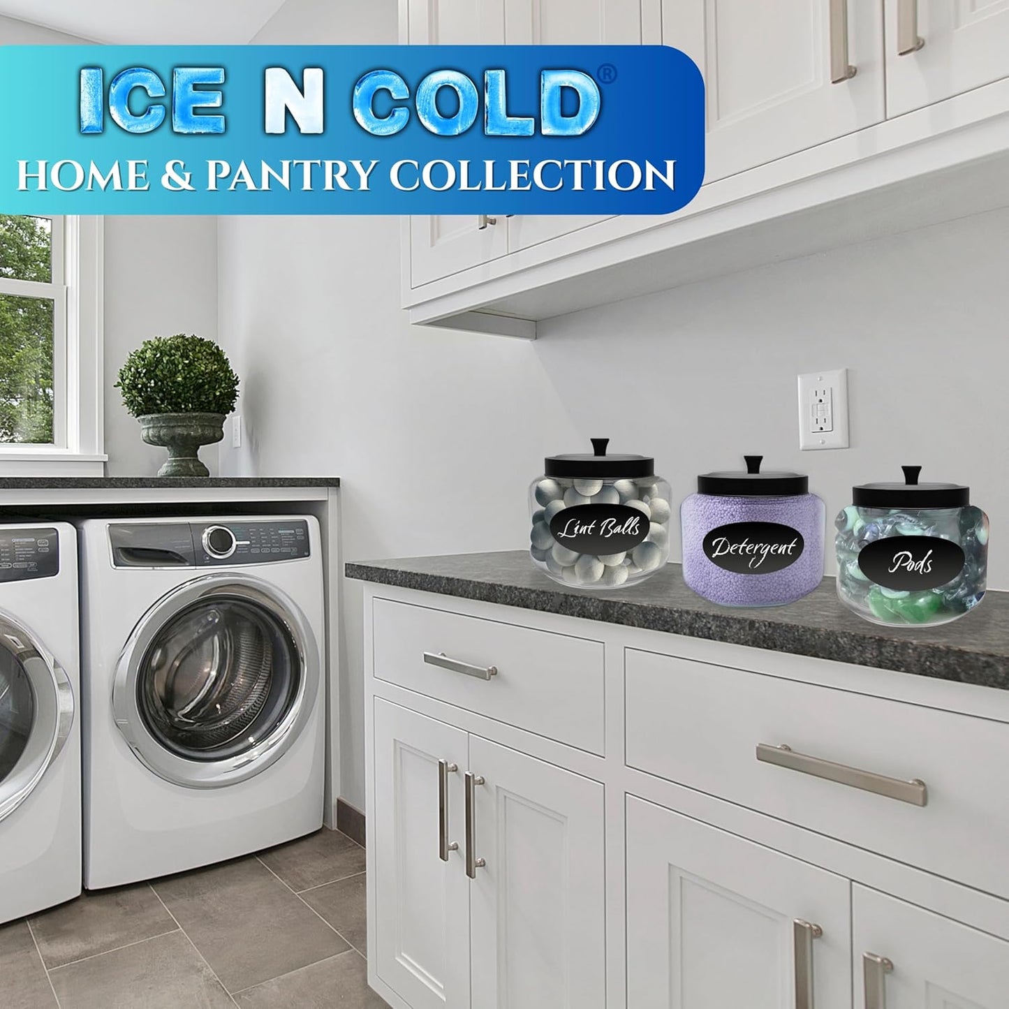 Kitchen and Laundry Storage Glass Jar – Wide Mouth Round Glass Storage Container with Black Steel Lid and Chalkboard Label - 2 Sticks of Chalk Included (1, 3L | 101oz | 0.8 Gallon)