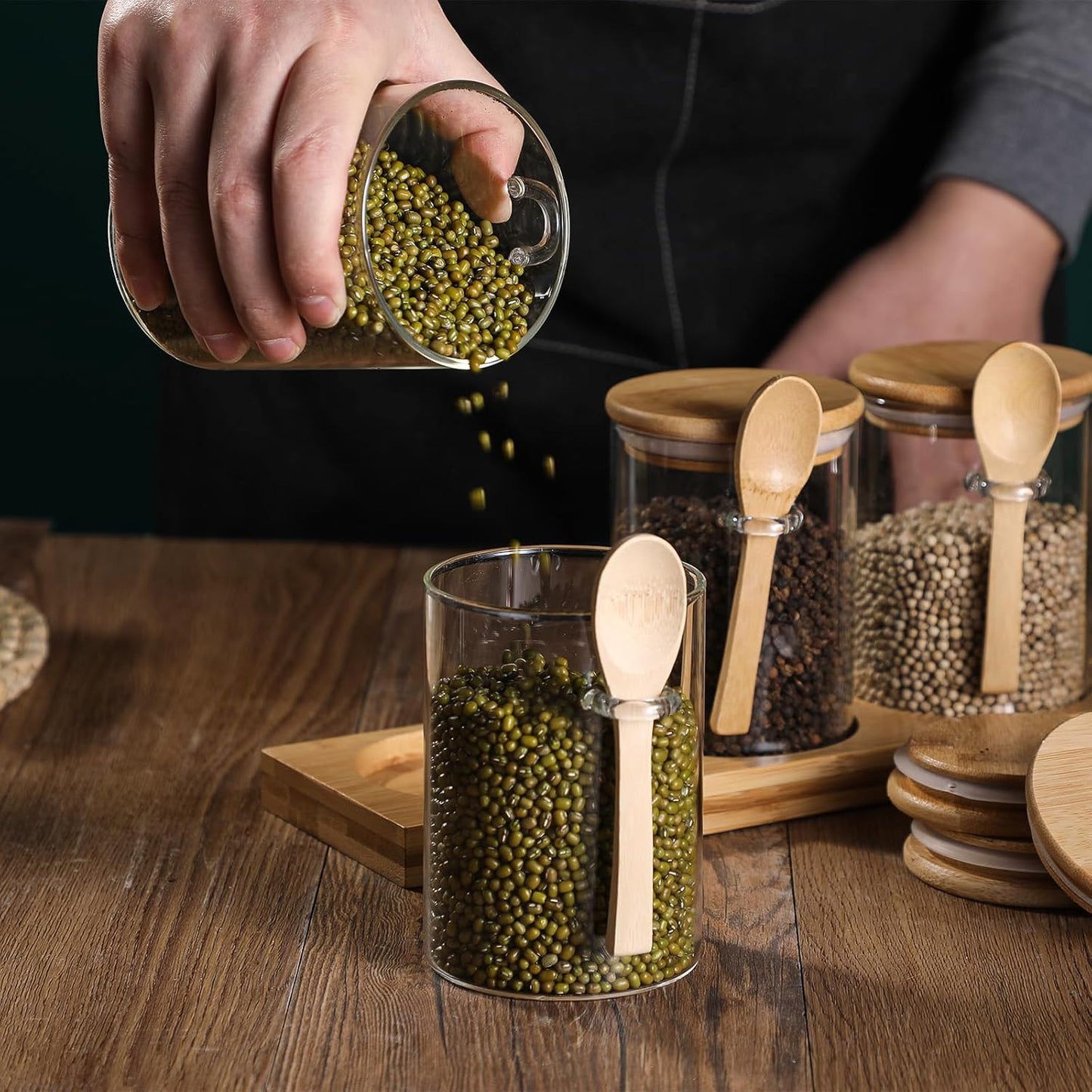 Glass Spice Storage Container with Spoon, 3PCS 20oz Airtight Sealed Condiment Jar with Tray, Kitchen Pantry Seasoning Canister Set for Salt Coffee Sugar Tea & Bathroom Cotton Swab Ball