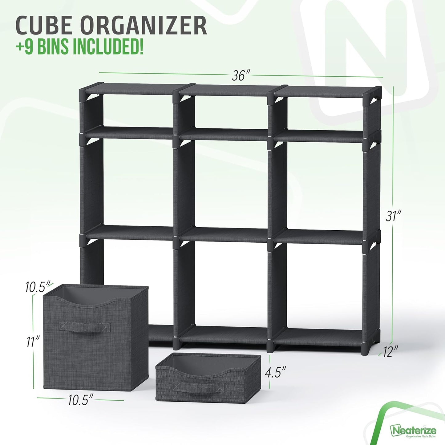 9 Cube Closet Organizers And Storage | Includes All Storage Cube Bins | Easy To Assemble Closet Storage Unit With Drawers | Room Organizer For Clothes, Baby Closet Bedroom, Playroom, Dorm (Dark Grey)