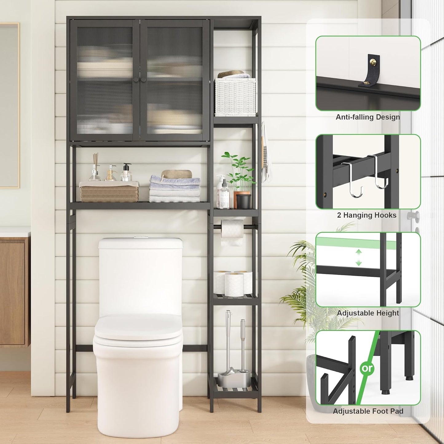 Over The Toilet Storage Cabinet Above Toilet Bathroom Organizer with Toilet Paper Holder Stand Bath Organizer with Adjustable Shelves & Acrylic Doors,Anti-Tip Device (Black)