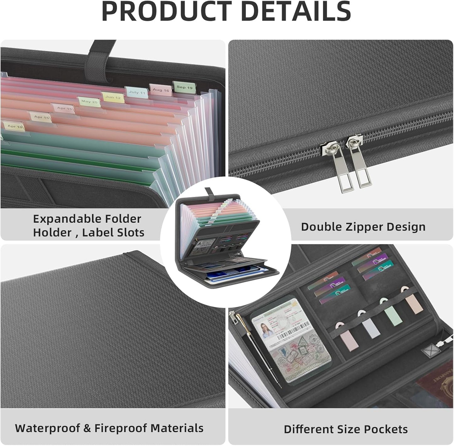 Fireproof Accordion File Organizer, Portable Expanding File Folder with Waterproof Zipper&Labels, Dark Gray Document Organizer with 13 Pockets, File Organizer for Important Document/Paper Storage