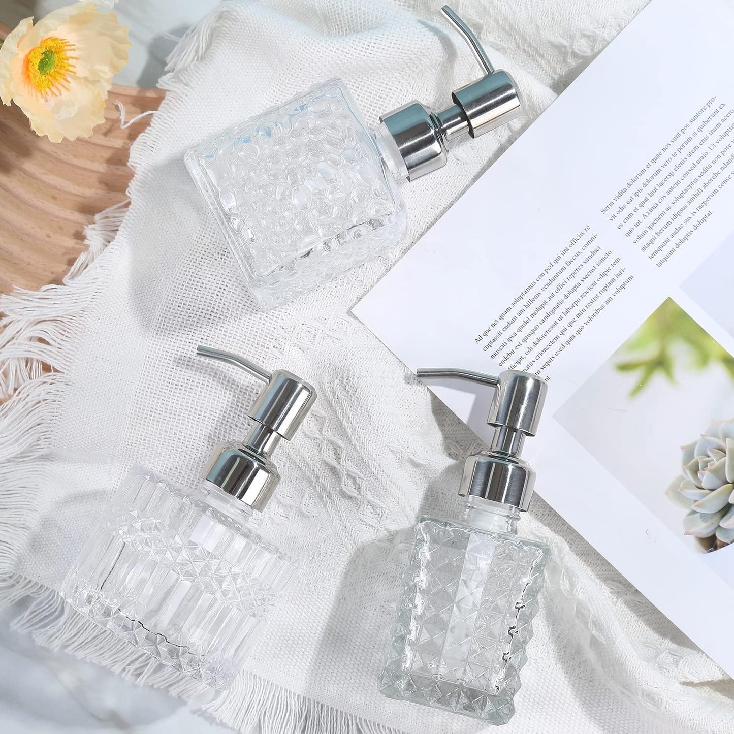 Soap Dispenser with Stainless Steel Pump, Clear Crystal Design, Vintage and Elegant, Refillable Liquid Hand Soap Dish Soap Dispensers for Bathroom Counter, Kitchen Sink (Style 5)