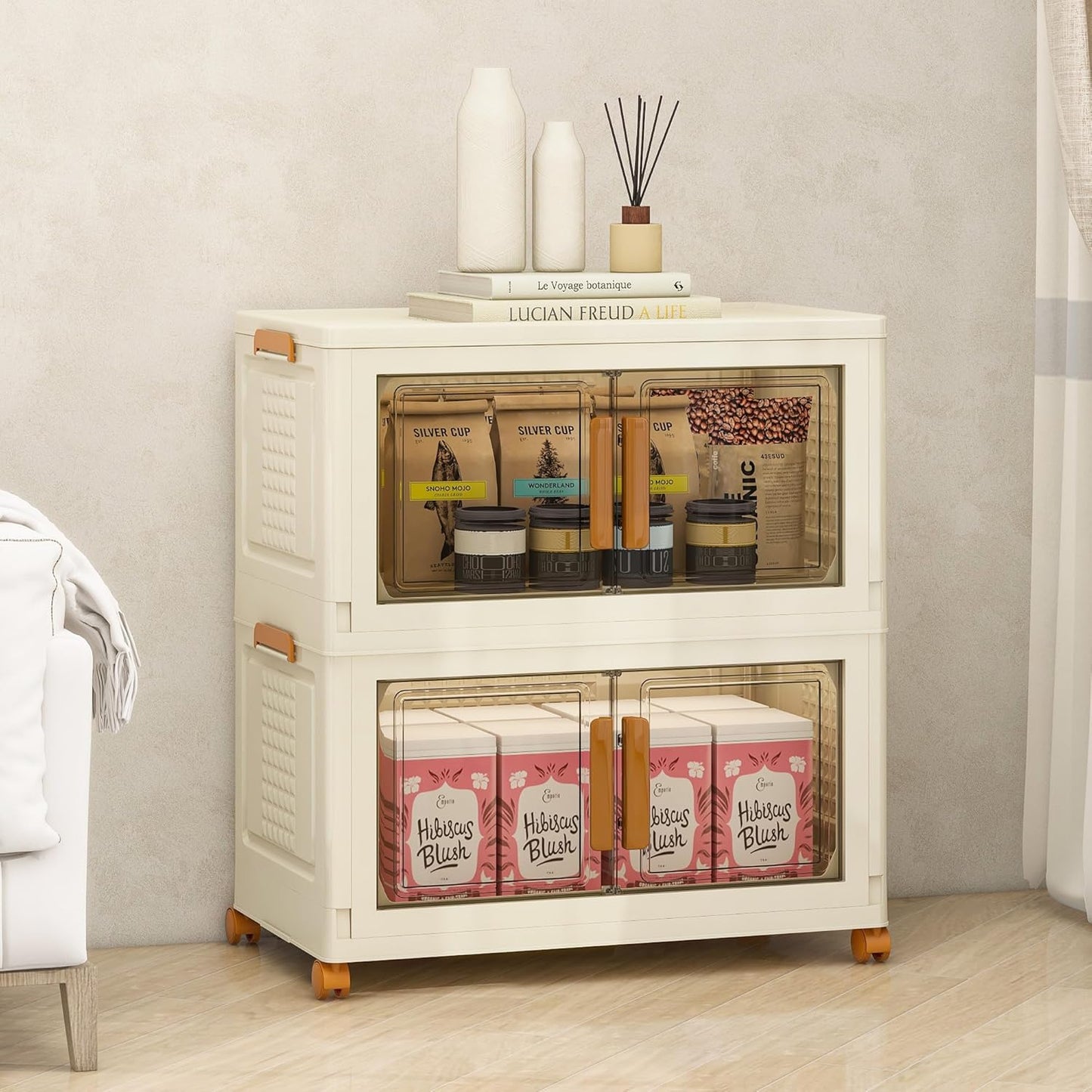 Plastic Stackable Storage Bins with Lids and Wheels, Foldable Closet Organizers and Storage Containers, Collapsible Clear Drawer Storage Cabinet with Doors White 44.8Gal