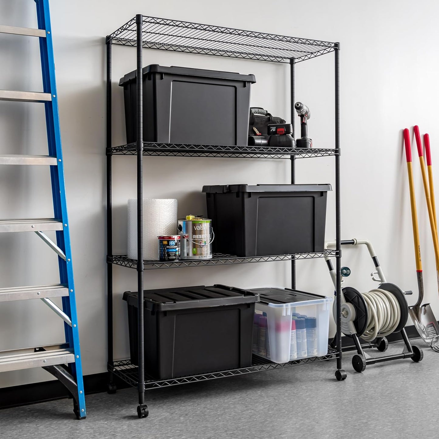 IRIS USA 4-Tier Shelves, 48"L x 18"W x 73"H (Up to 1200 lb), Adjustable Garage Shelving Heavy Duty, Metal Storage Shelves Wire Rack, Removable Locking Wheel, Shed Office Kitchen Garage Organizer Shelf